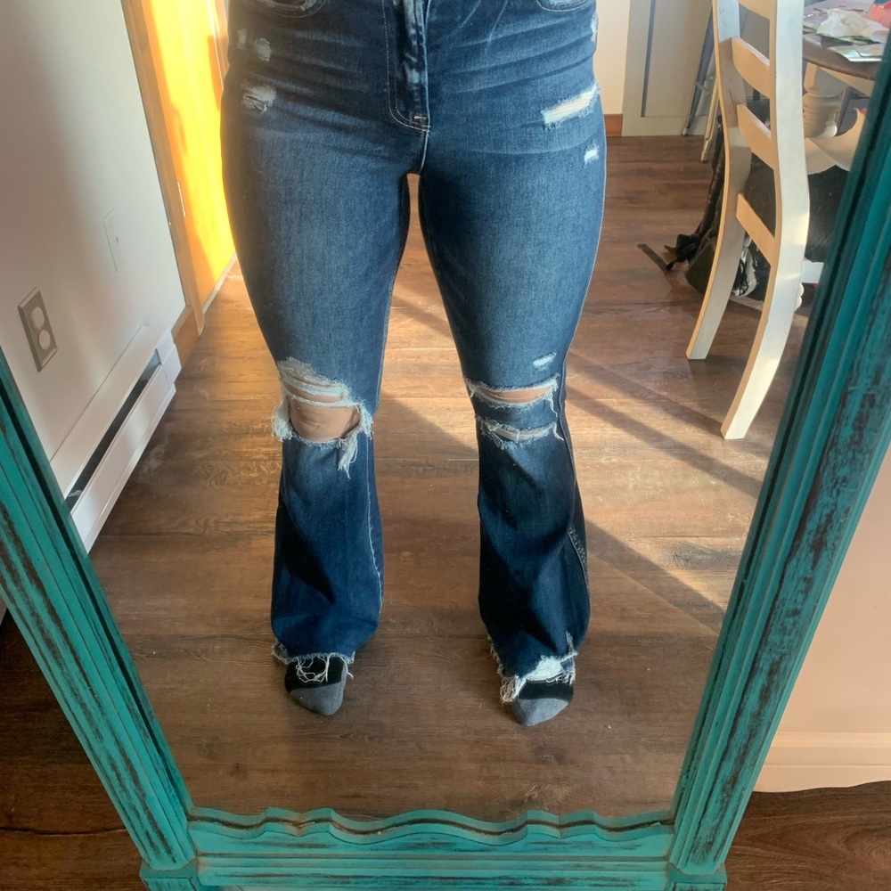Flying Monkey Dark Blue Distressed Flare Jeans